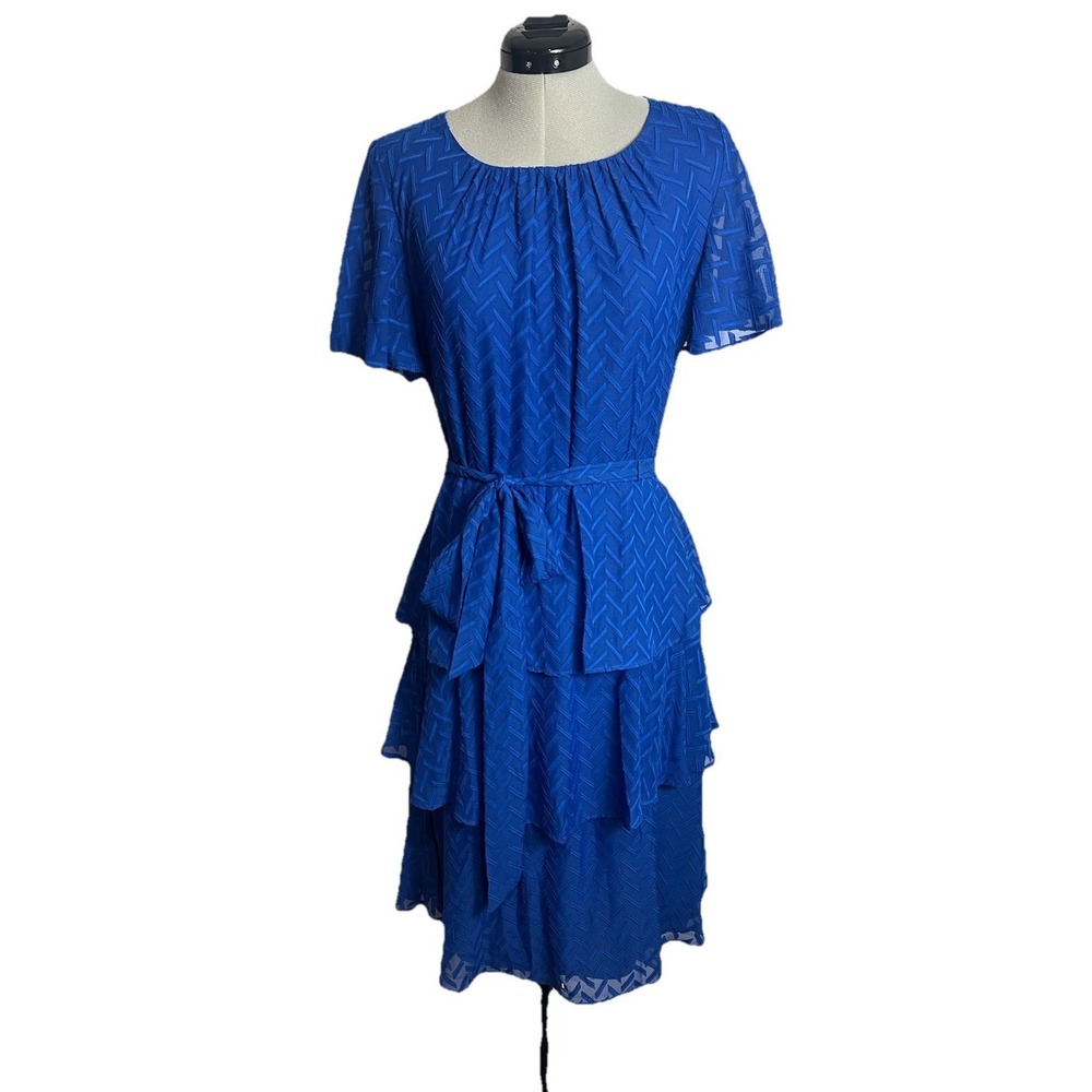 Jessica Howard Women's Royal Blue Tiered Ruffle Flutter Midi Dress Size 10